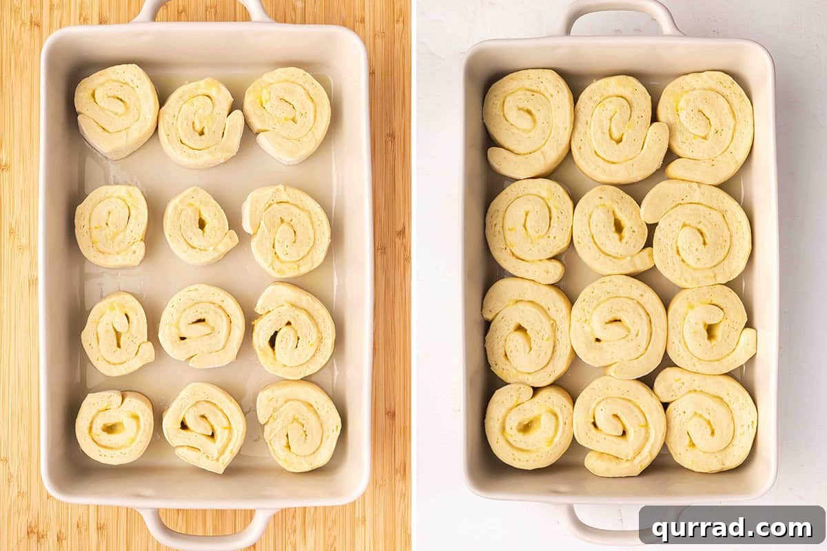 Lemon roll dough in a casserole dish before and after rising.