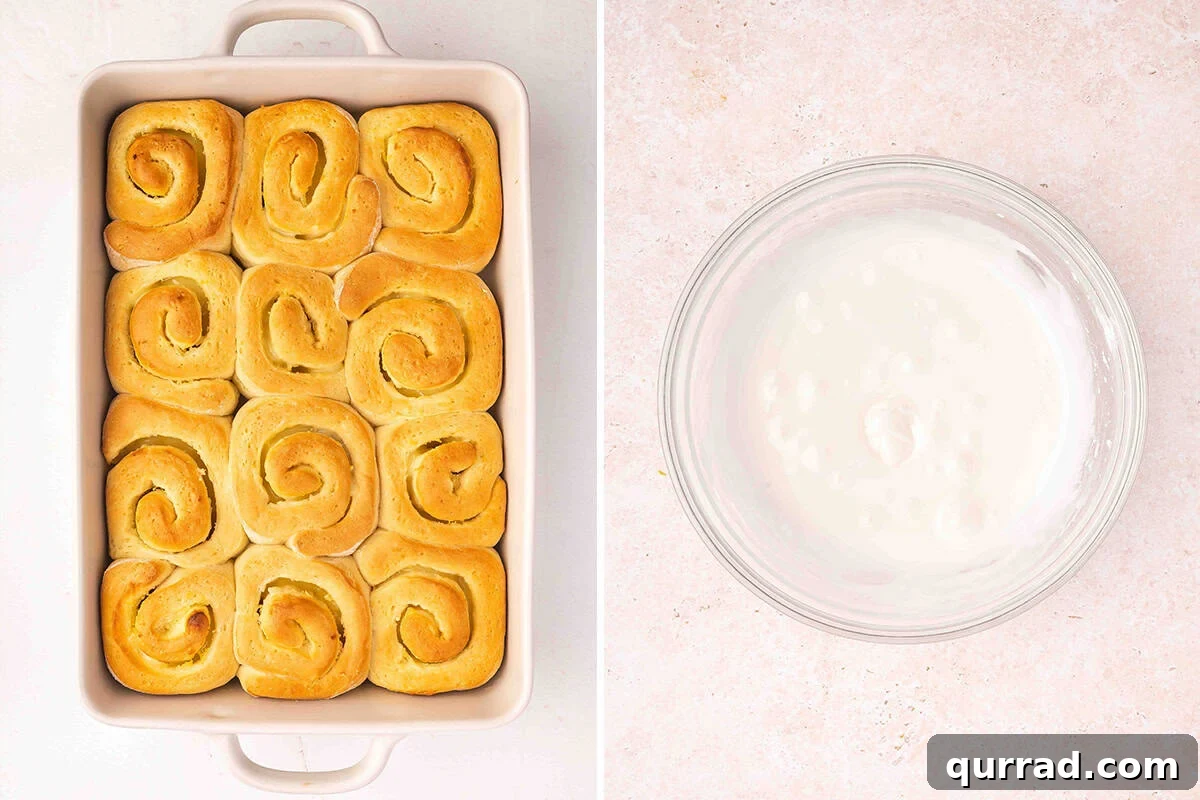 Overhead view of freshly baked lemon sweet rolls in a baking dish, followed by a bowl of lemon glaze.