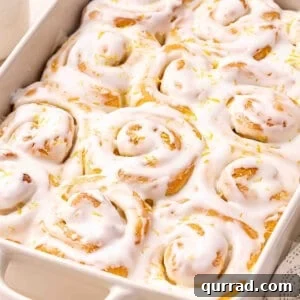 Front view of a dish of homemade lemon sweet rolls.