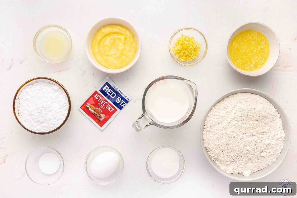 The ingredients to make lemon sweet rolls.