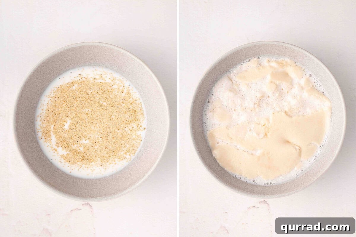 Yeast in a bowl with warm milk, followed by a bowl of foaming yeast and warm milk.