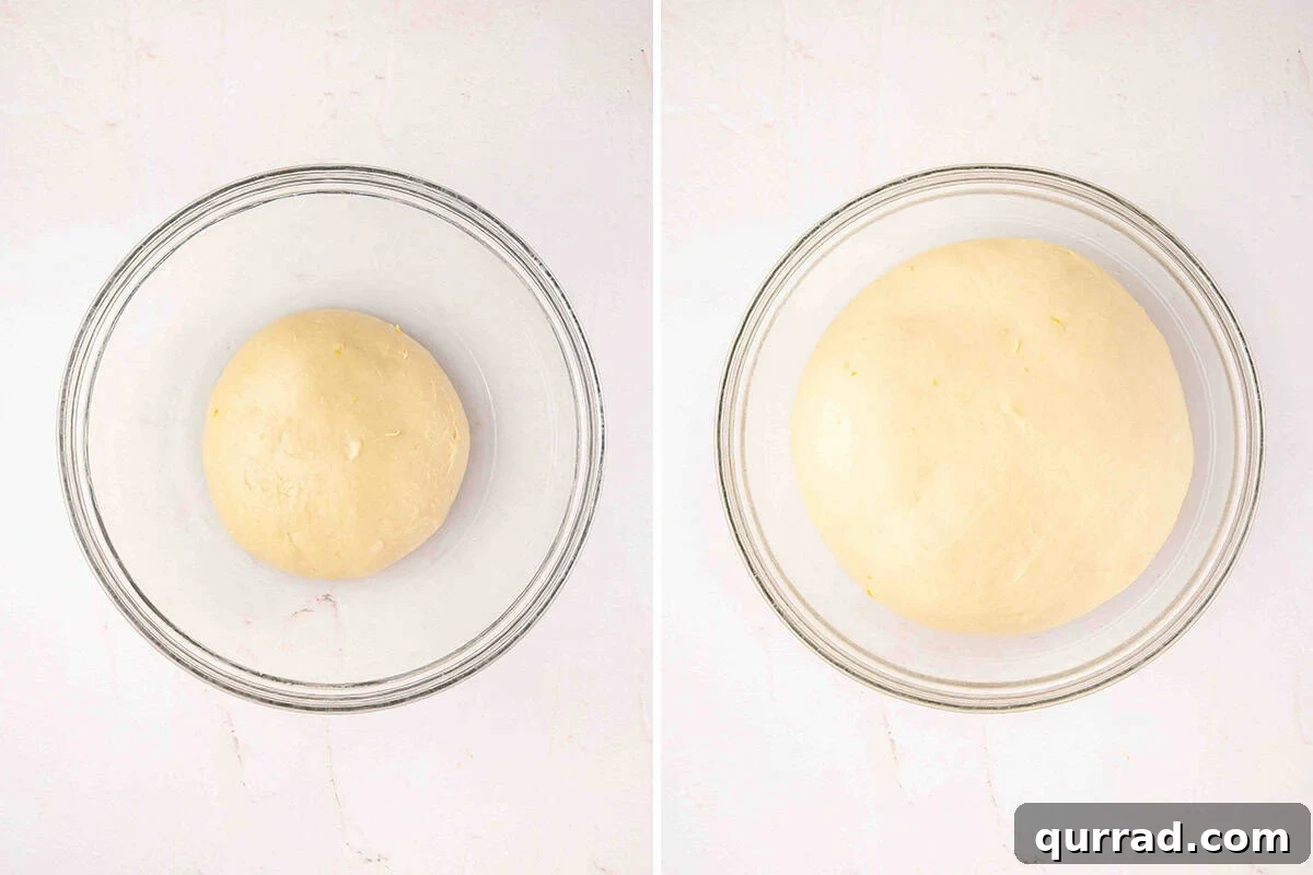 Lemon roll dough in a bowl before and after rising.