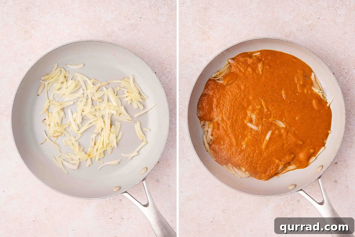 Sliced onions in a skillet, followed by onions and chicken tinga sauce in a skillet.