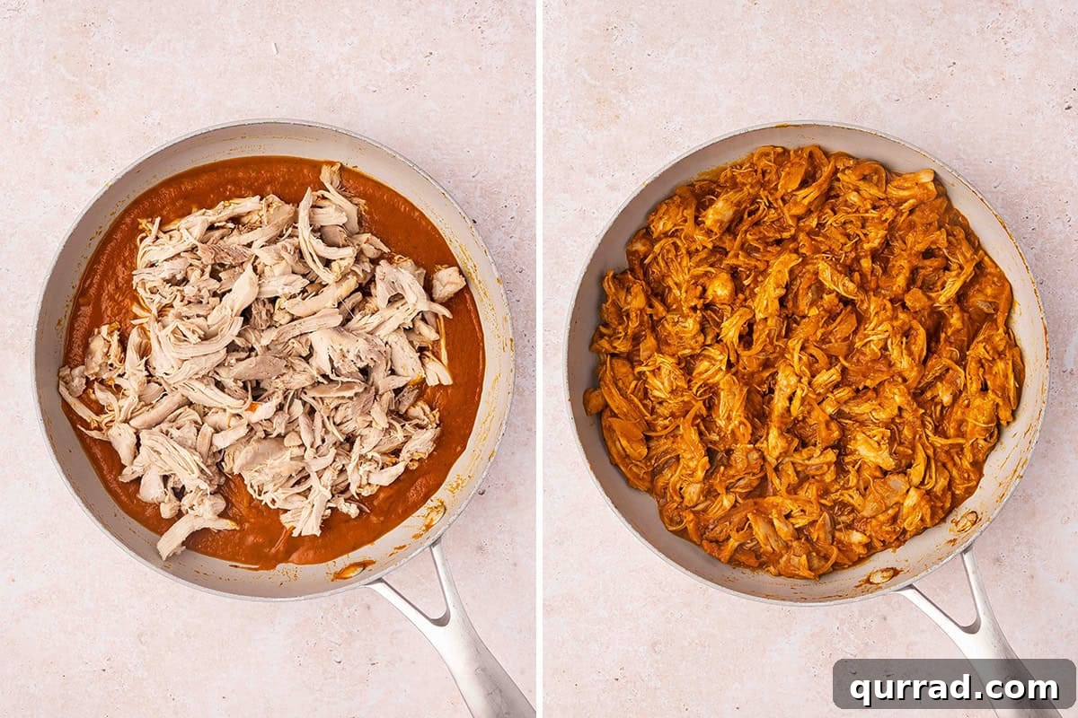 Chicken added to sauce in a skillet, followed by a skillet filled with chicken tinga.