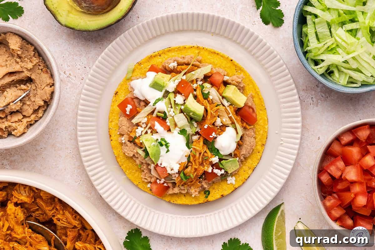 Overhead view of a chicken tinga tostada.