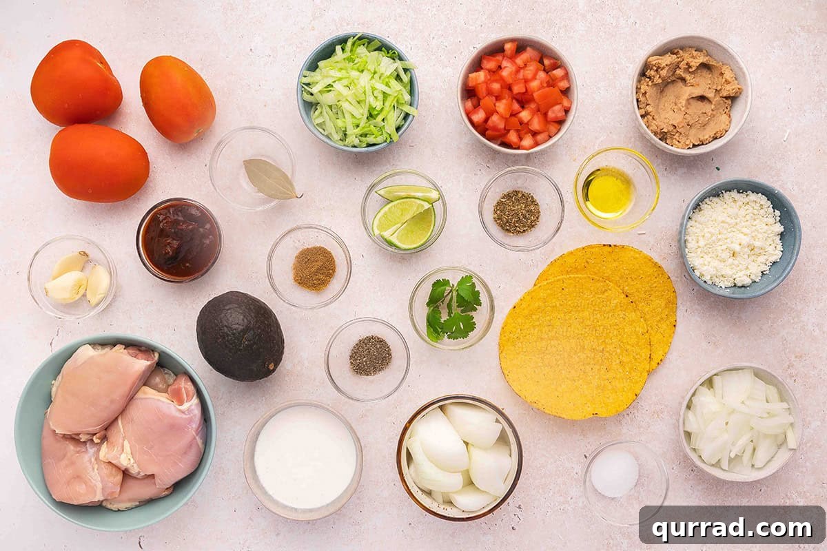 The ingredients to make chicken tinga tostadas.