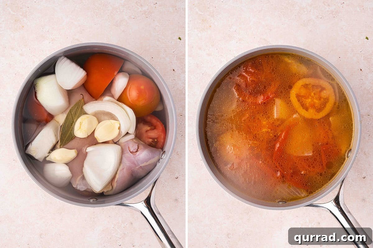 Chicken thighs, chopped veggies and water in a pot, followed by the chicken thighs and veggies in a pot after boiling.