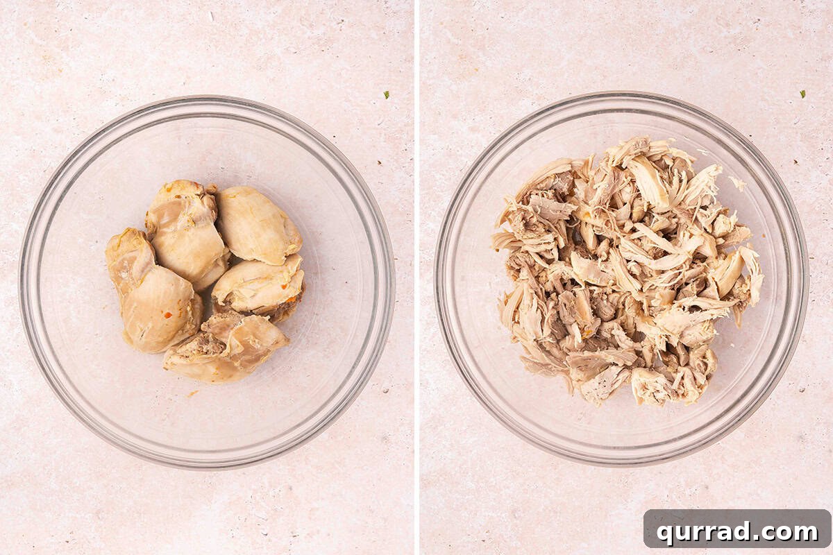 Cooked chicken thighs in a bowl, followed by shredded chicken thighs in a bowl.