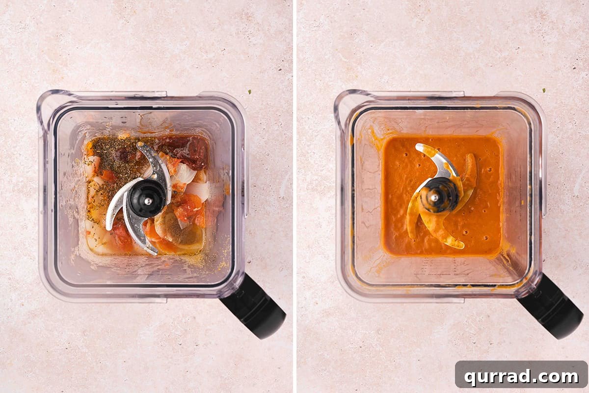 Chicken tinga sauce ingredients in a blender, followed by chicken tinga sauce in a blender.