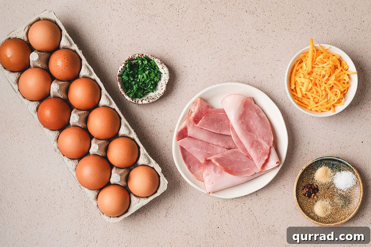 Savory Ham & Cheese Egg Cups for Quick Breakfast or Brunch 4 The ingredients to make ham and cheese egg cups.