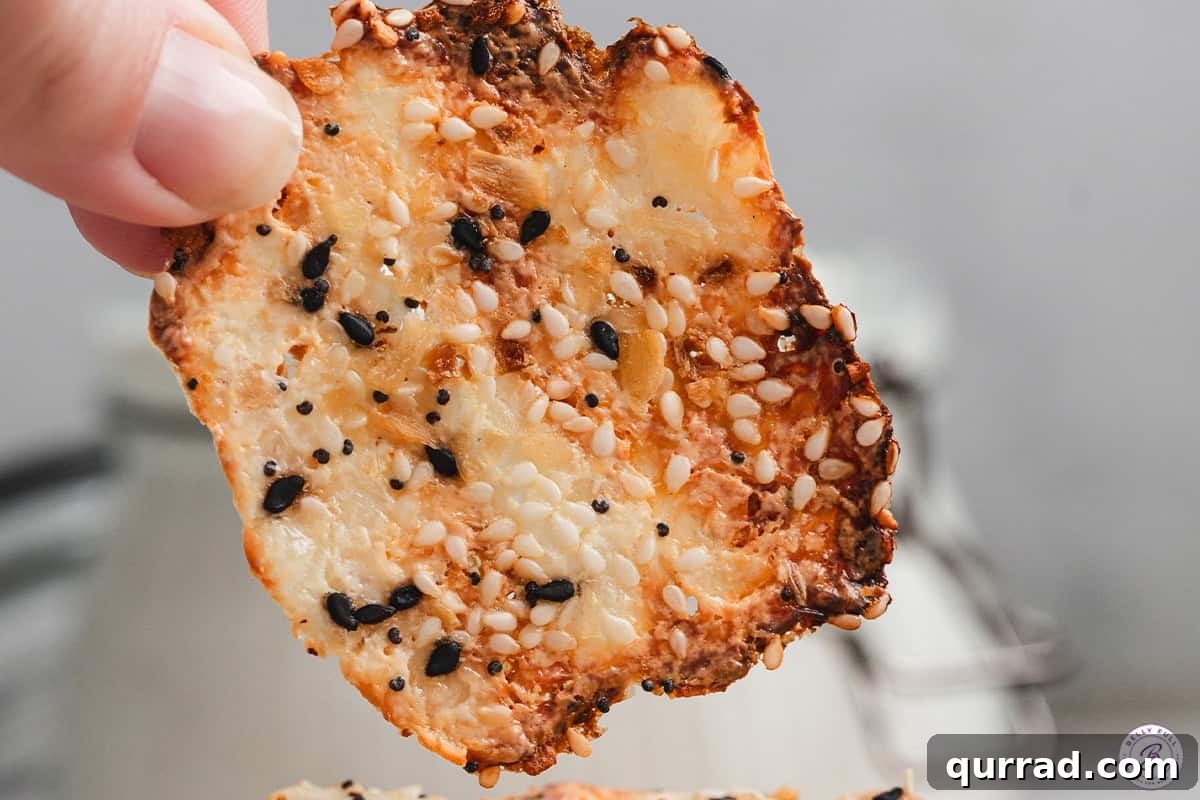 Fingers holding an everything bagel cottage cheese chip.