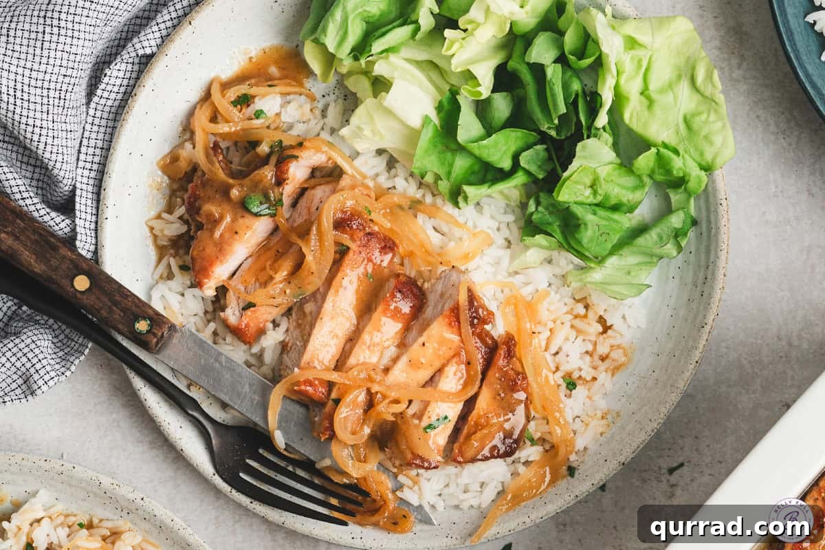 A sliced pineapple-onion pork chop on a bed of rice with a simple side salad.