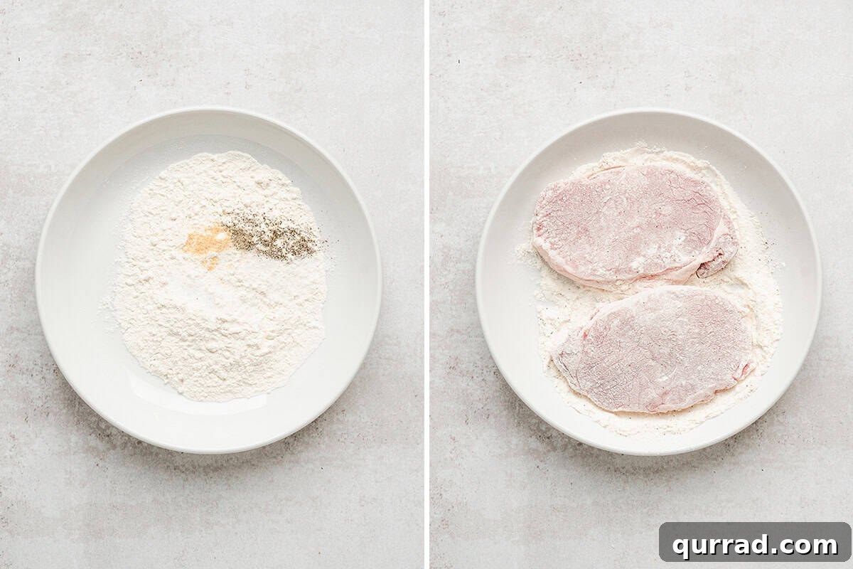 A bowl of flour and seasonings, followed by two pork chops in the same bowl coated in flour.