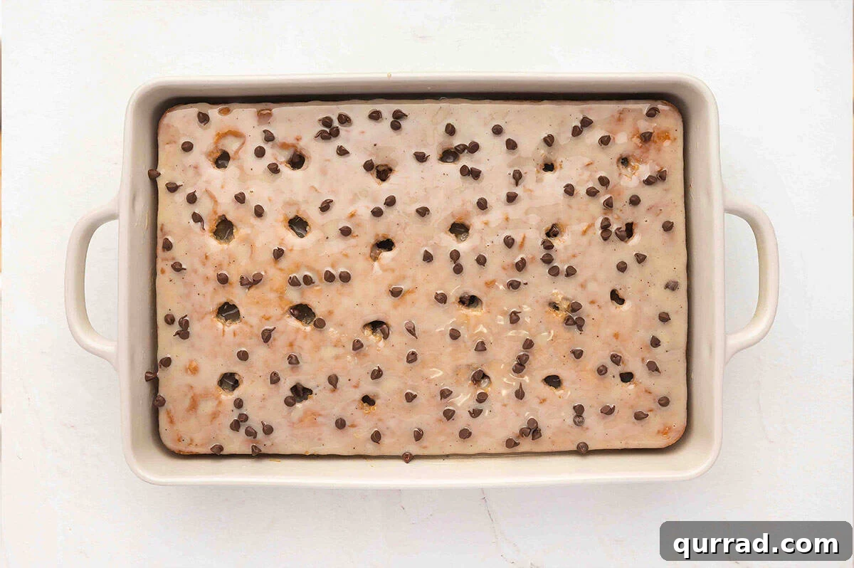 Decadent Cannoli Cake Recipe with Ricotta Filling and Crisp Shells 8 Chocolate chips on top of a poke cake