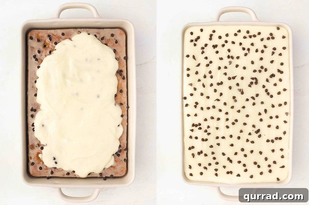 Decadent Cannoli Cake Recipe with Ricotta Filling and Crisp Shells 10 Spreading mascarpone frosting on a cake