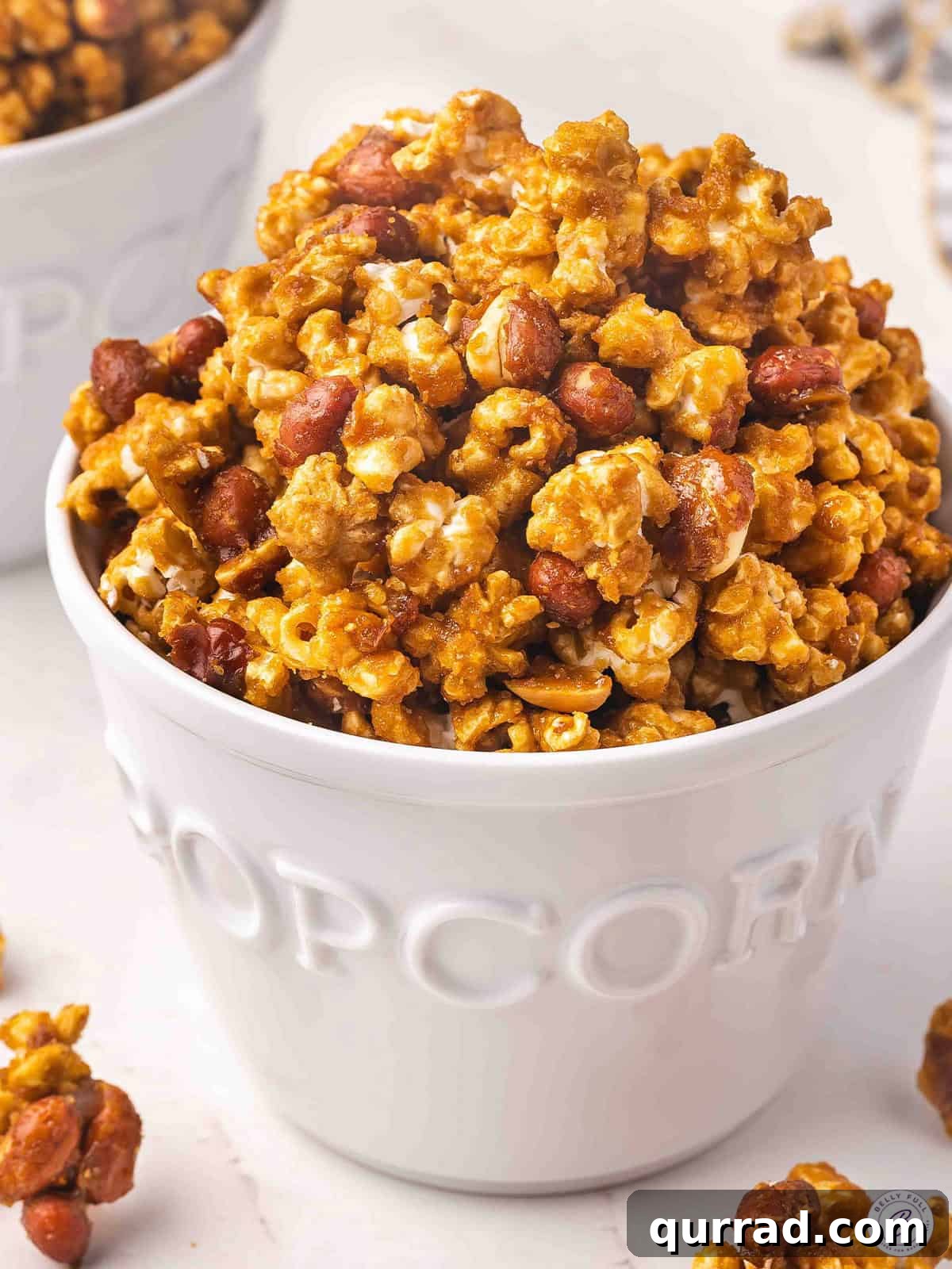Front view of a bowl of homemade Cracker Jack.