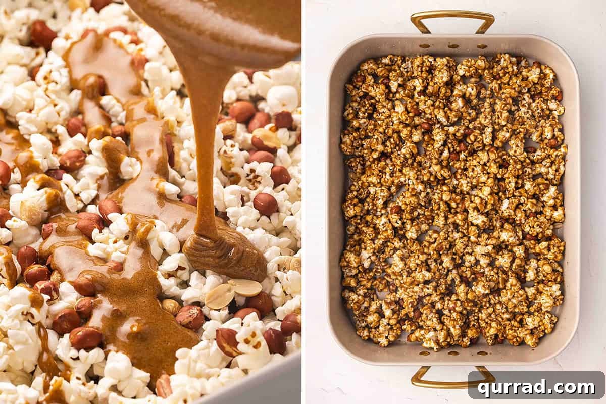 Caramel sauce being poured over popcorn, followed by Cracker Jack on a baking sheet before baking.