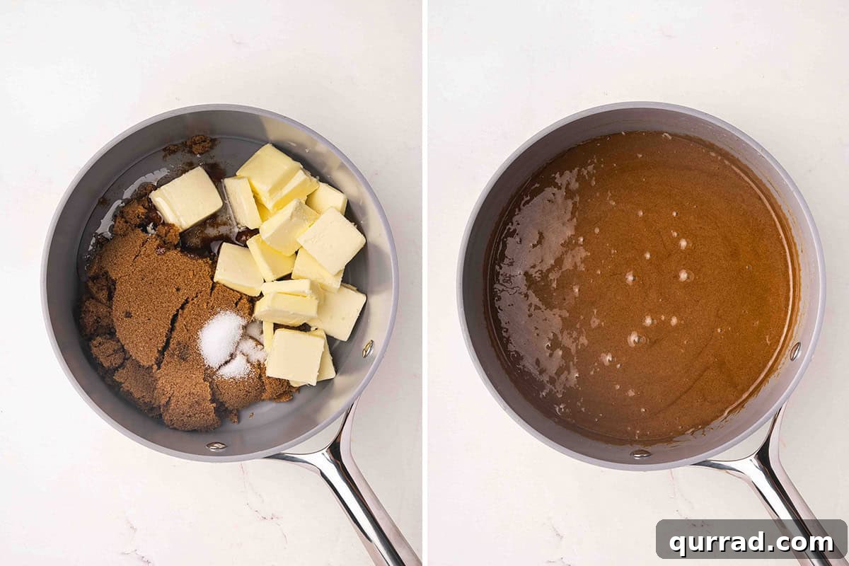 A sauce pan of butter cubes, brown sugar and salt, followed by a saucepan of caramel sauce.