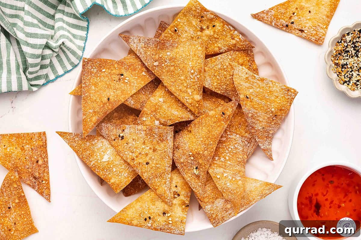 A plate of crispy air fryer wonton chips.