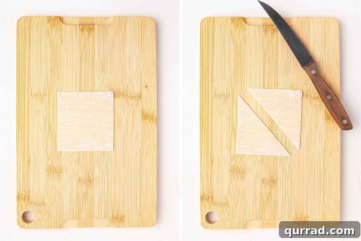 A wonton wrapper on a cutting board, followed by a wonton wrapper cut in half on a cutting board.
