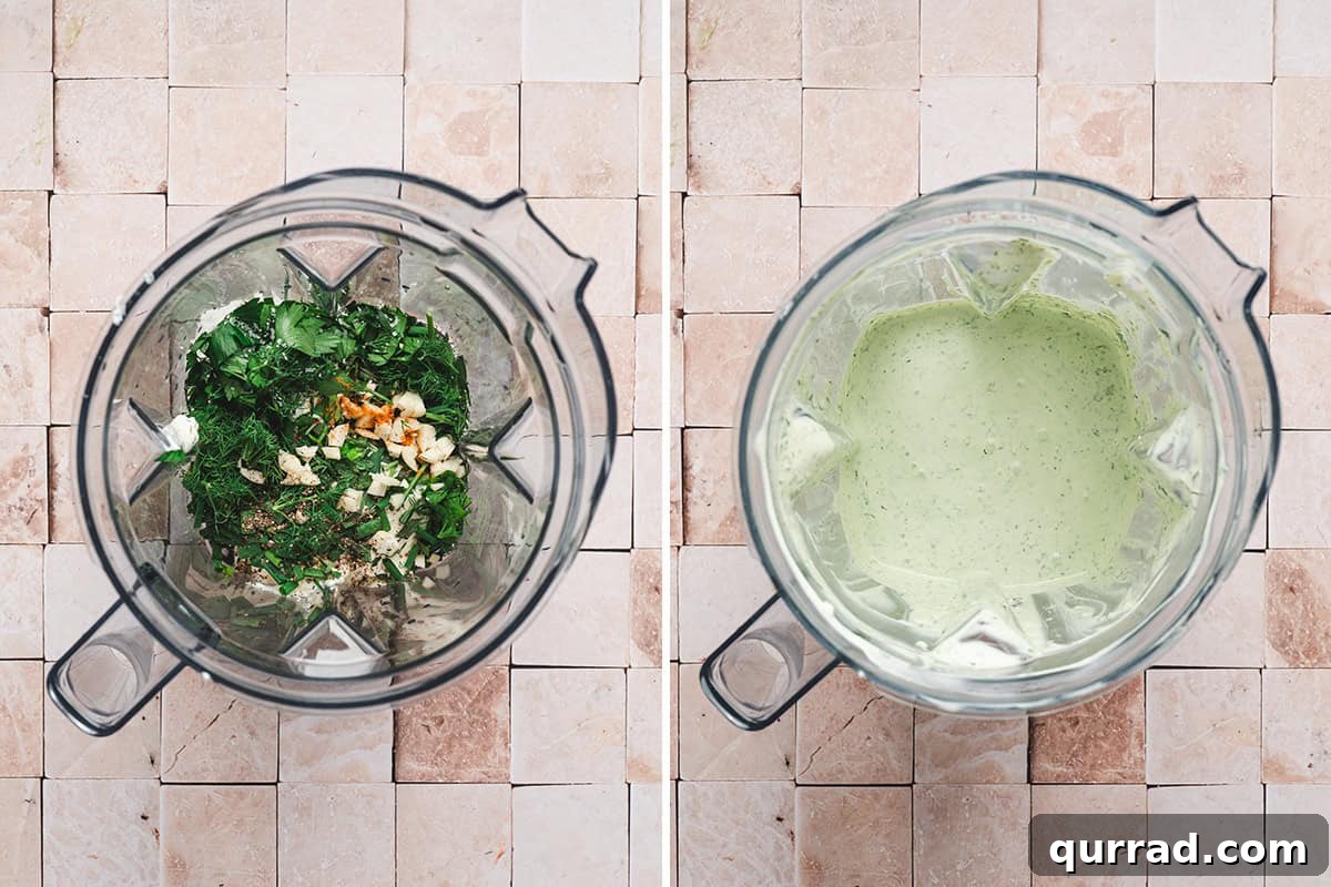 The ingredients to make green goddess dressing in a food processor before and after processing.