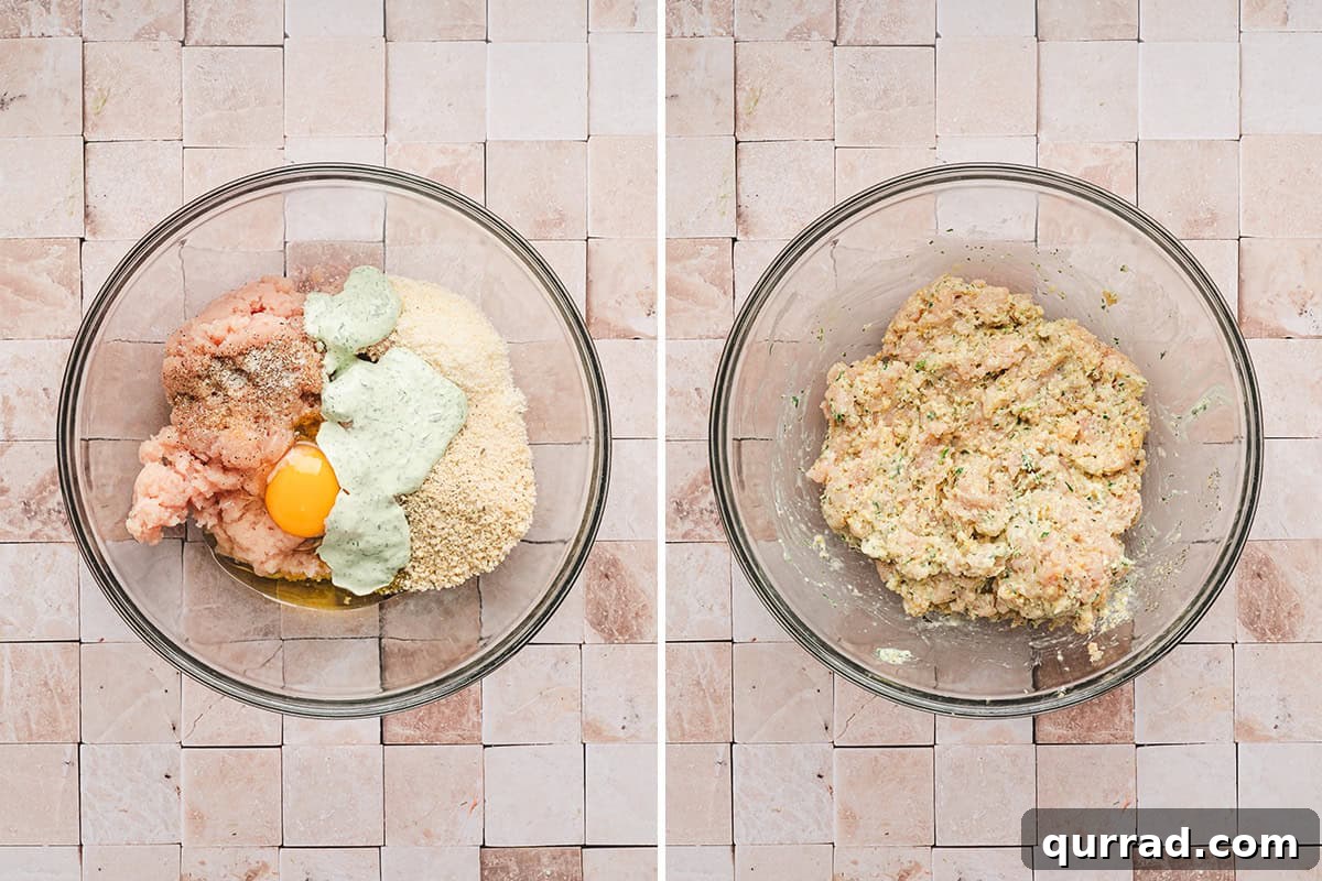 Egg, breadcrumbs, green goddess dressing and ground chicken in a bowl, followed by those ingredients combined together in a bowl.