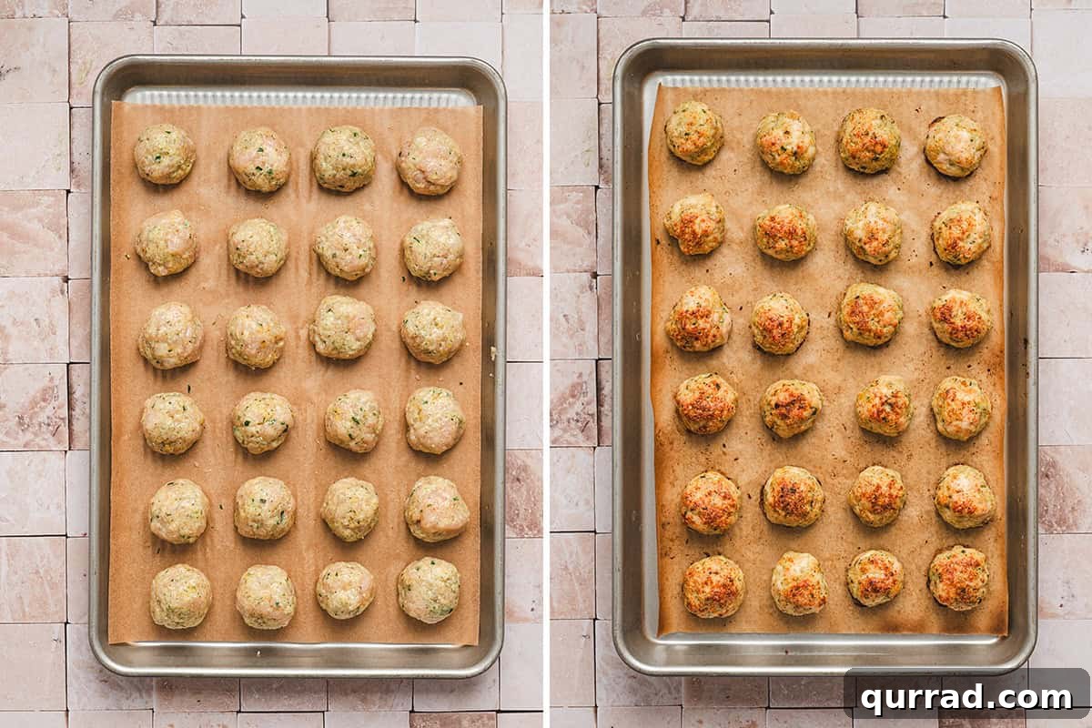 Green goddess meatballs on a baking sheet before and after cooking.
