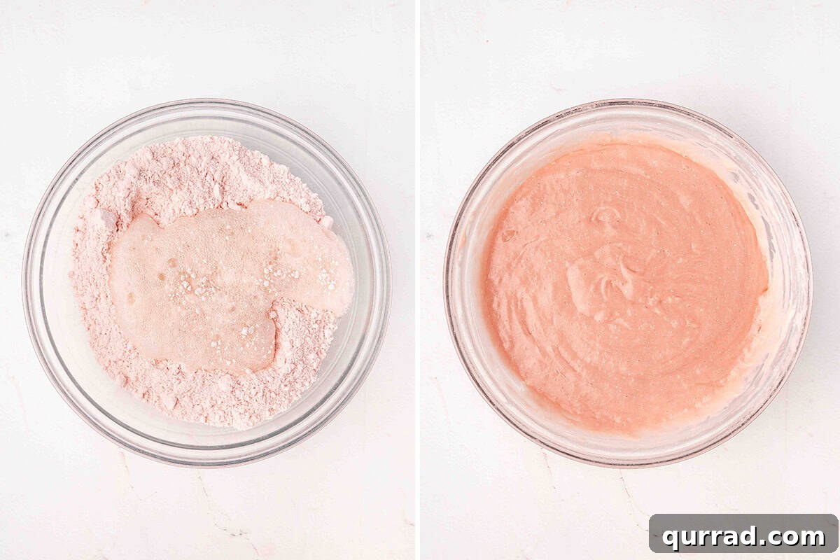 Moist Soda Cake Recipe with Creamy Vanilla Frosting 5 Cake mix in a bowl, followed by strawberry cake batter in a bowl.