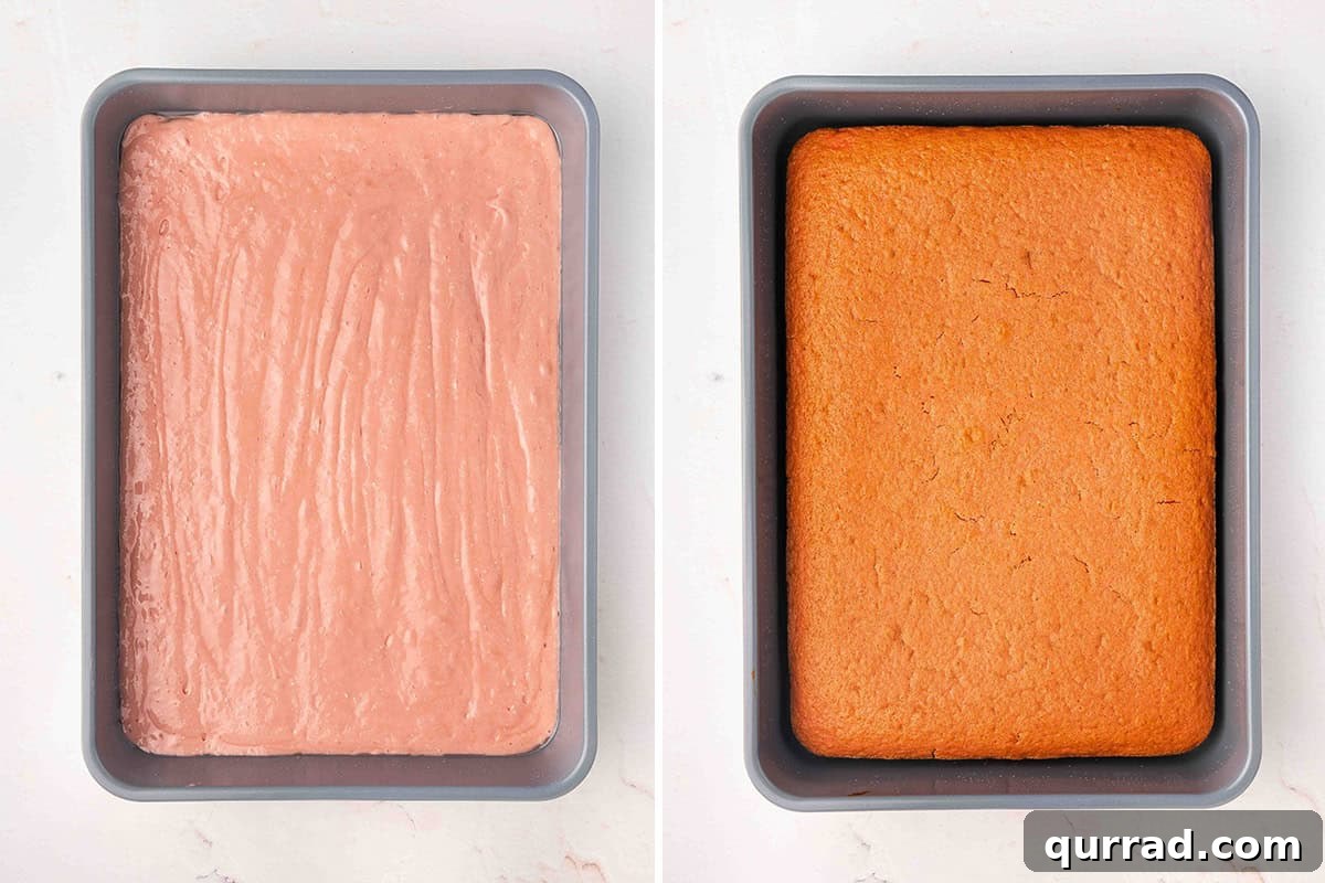 Moist Soda Cake Recipe with Creamy Vanilla Frosting 6 Soda cake batter in a baking pan, followed by a baked soda cake.