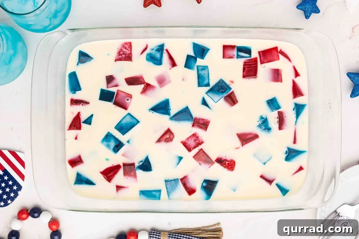 Patriotic Red, White and Blue Jello Recipe 8 Red white and blue jello in a glass container before chilling.