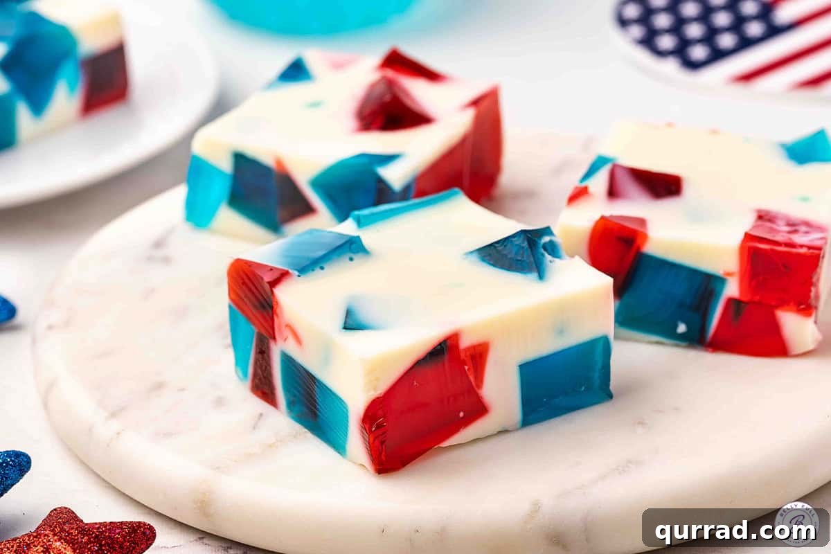 Patriotic Red, White and Blue Jello Recipe 9 Slices of red white and blue jello.