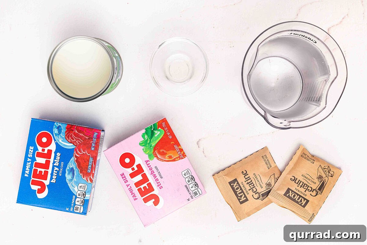 Patriotic Red, White and Blue Jello Recipe 4 The ingredients to make red blue and white jello.
