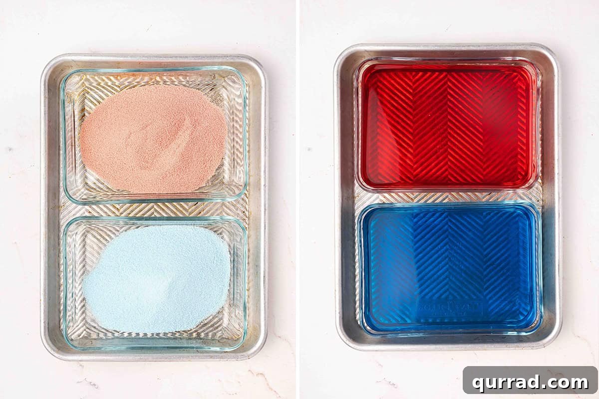 Patriotic Red, White and Blue Jello Recipe 5 Red and blue jello powder in two separate containers, followed by red and blue jello mixture in two separate containers.