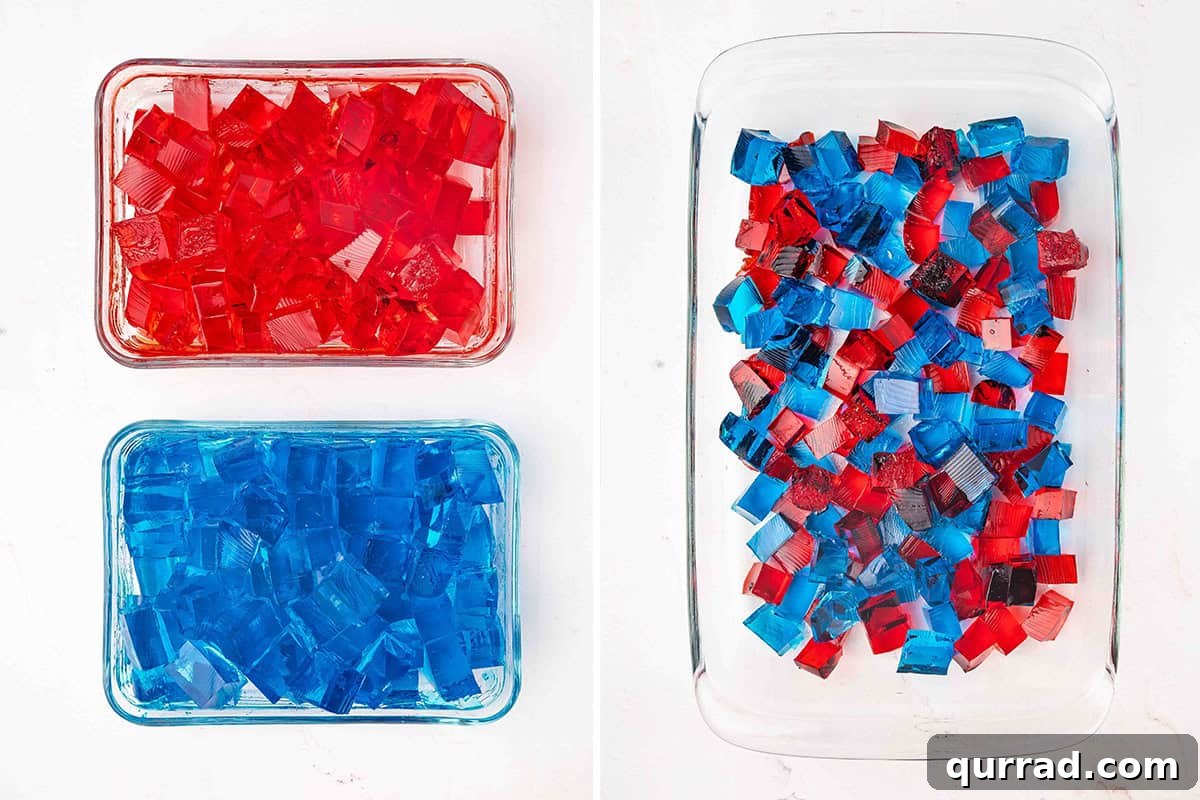 Patriotic Red, White and Blue Jello Recipe 6 Red and blue jello sliced into squares, followed by the sliced jello in a glass baking dish.