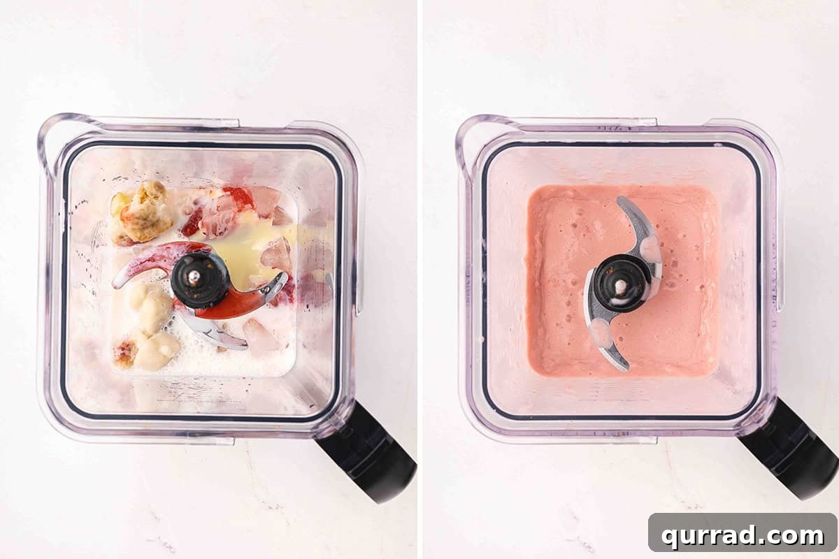Creamy Strawberry Banana Orange Julius Smoothie 5 Frozen banana, strawberry juice concentrate, condensed milk and ice in a blender, followed by them all blended together.