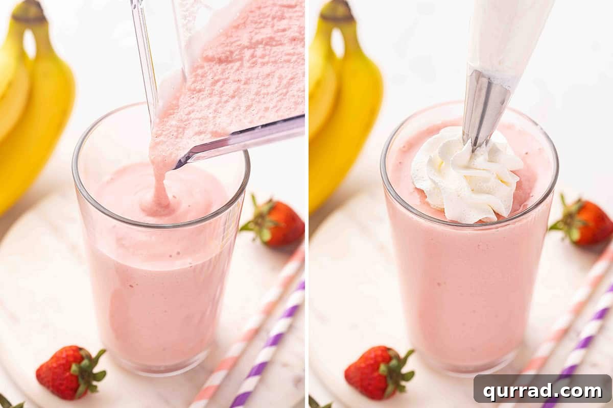 Creamy Strawberry Banana Orange Julius Smoothie 6 Strawberry Banana Orange Julius being poured into a cup, followed by a piping bag adding whipped cream on top.