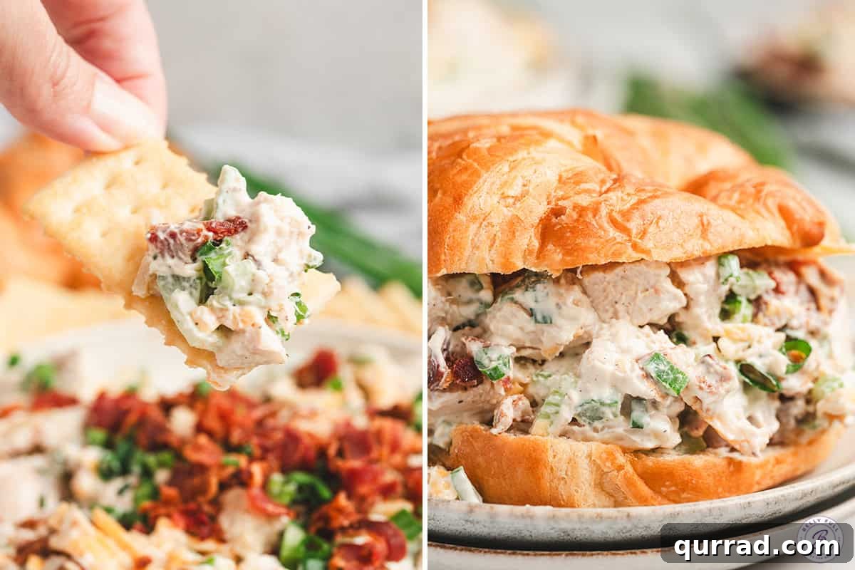Million-Dollar Chicken Salad Recipe You'll Love 9 A hand holding a cracker scooping up some million dollar chicken salad, followed by the same salad on a croissant.