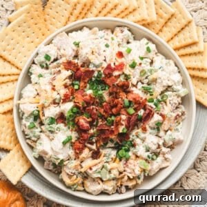 Million-Dollar Chicken Salad Recipe You'll Love 3 Overhead view of a bowl of million dollar chicken salad with crackers.
