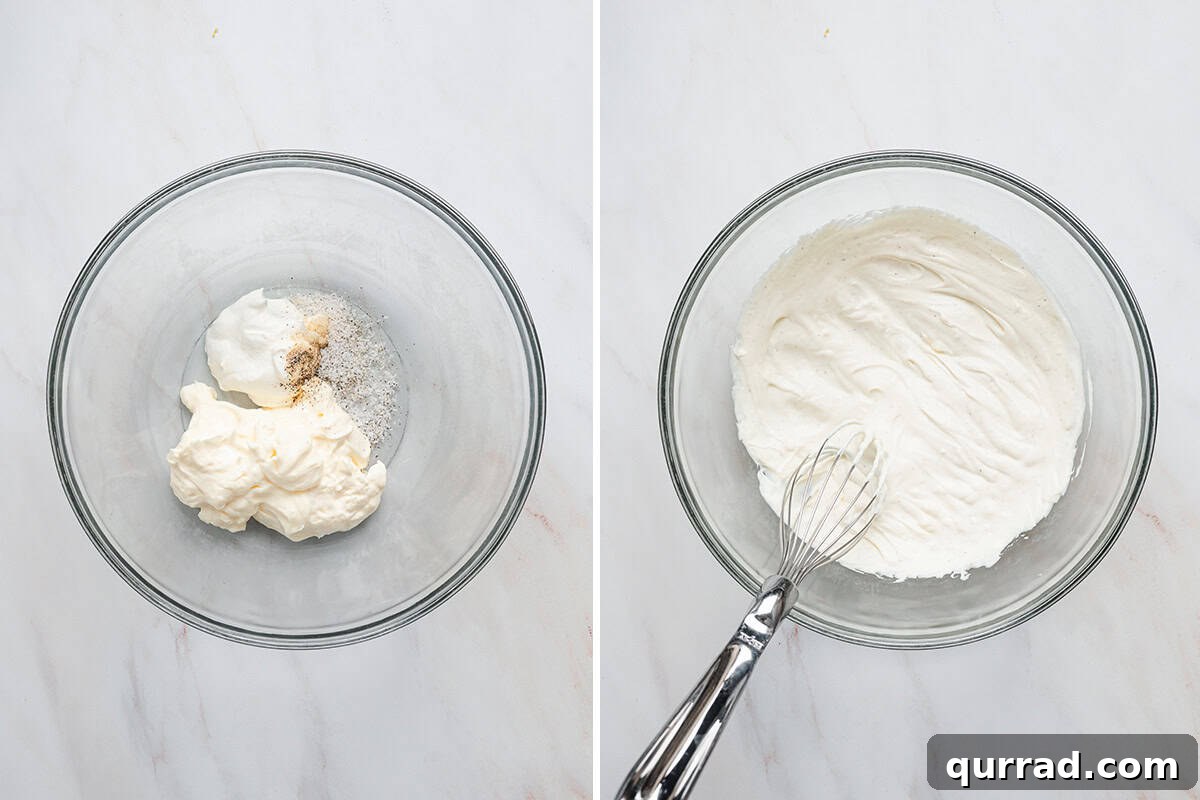 Million-Dollar Chicken Salad Recipe You'll Love 5 Greek yogurt, mayo and seasonings in a bowl, followed by those ingredients combined together.