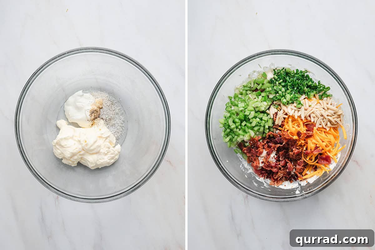 Million-Dollar Chicken Salad Recipe You'll Love 6 The dressing ingredients for million dollar chicken salad in a bowl, followed by the same bowl with celery, bacon crumbled, shredded cheddar, almonds and green onions added.