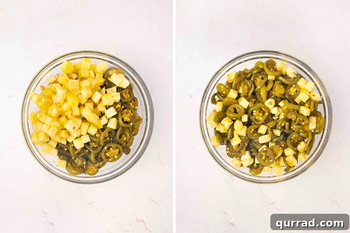 Cowgirl Candy Jalapeno Pepper Jelly Recipe 8 Jalapenos and pineapple in a bowl.