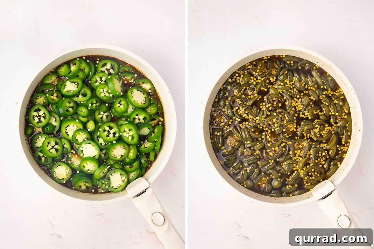 Cowgirl Candy Jalapeno Pepper Jelly Recipe 7 Jalapenos in syrup before and after simmering.