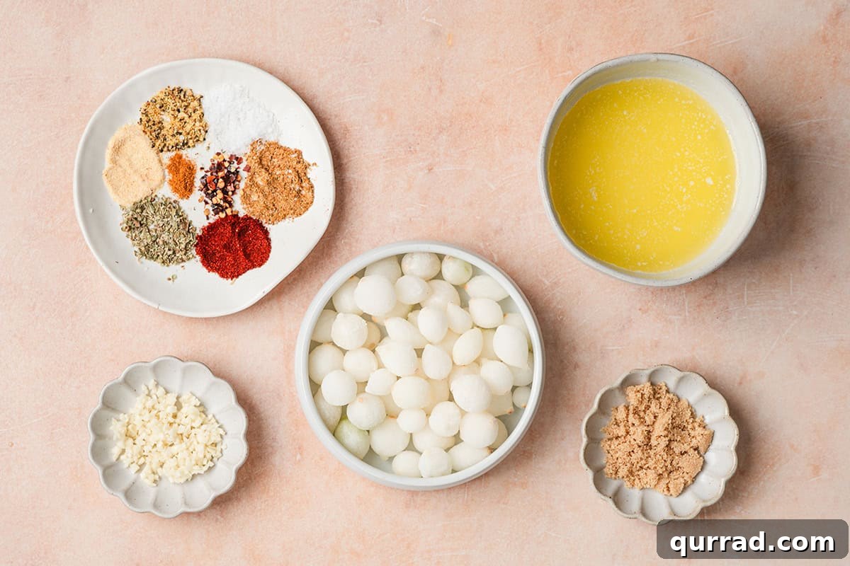 One-Pot Mini Pearl Onion Boil with Garlic and Herbs 4 The ingredients to make a mini pearl onion boil.