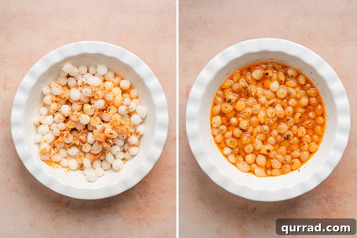 One-Pot Mini Pearl Onion Boil with Garlic and Herbs 7 Pearl onions in a pie dish with melted seasoned butter poured over top, followed by the same dish after being in the oven.