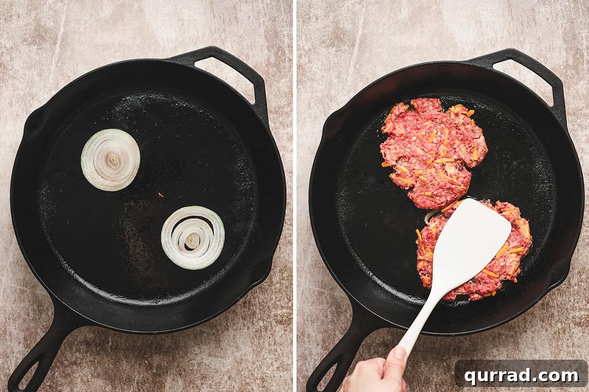 Onions in a skillet, followed by burger patties being smashed into the skillet.