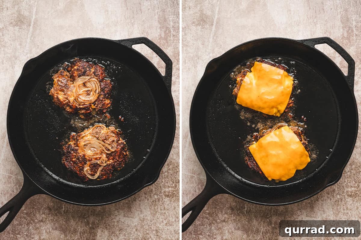 Crack smash burgers patties in a skillet, followed by the same patties topped with cheese.