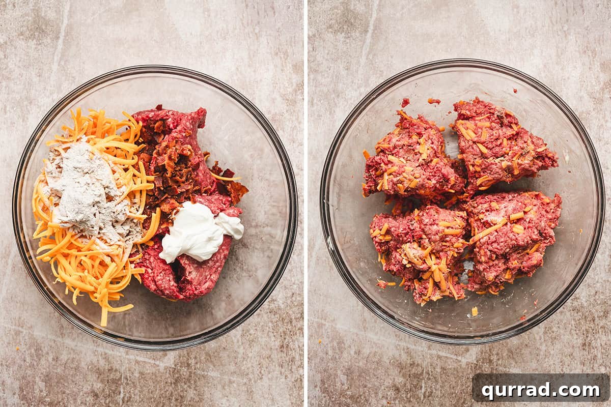 The meat mixture for crack smash burgers in a bowl, followed by everything mixed together.