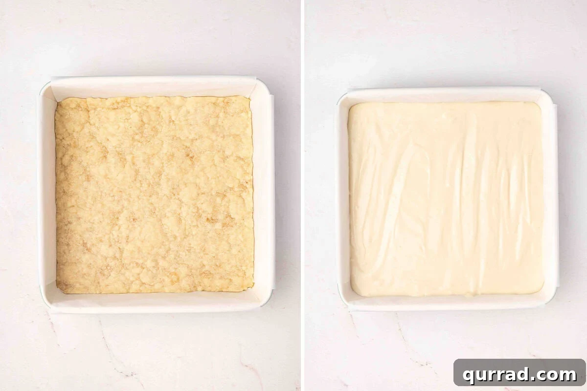 Irresistible Peach Cobbler Cheesecake Bars 9 Cheesecake filling poured over crust.