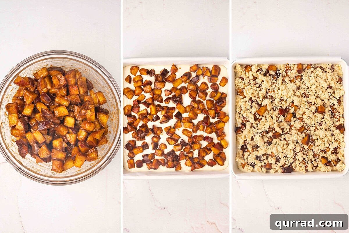 Irresistible Peach Cobbler Cheesecake Bars 10 Peaches added to cheesecake filling then topped with crumble.