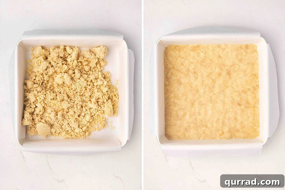 Irresistible Peach Cobbler Cheesecake Bars 7 Shortbread mixture pressed into a baking dish.